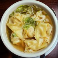 Wonton Soup · Minced pork and shrimp wontons in a light chicken broth topped off with scallions.