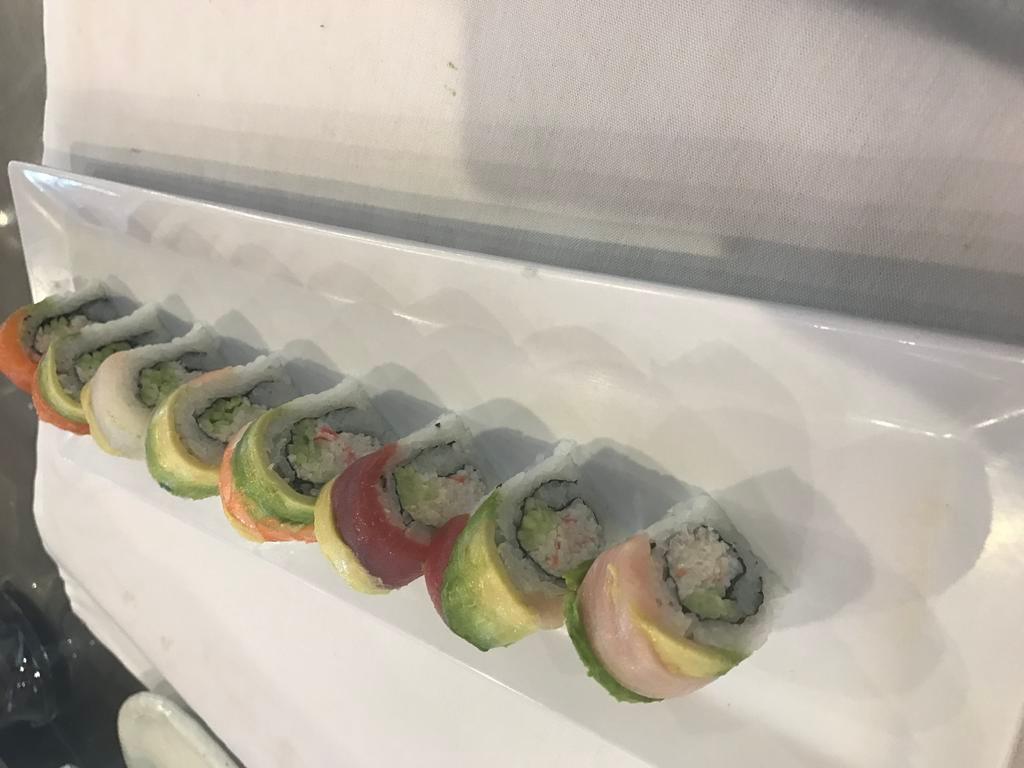 Rainbow Roll  · 8 pieces. Cucumber and crab meat inside, and topped with tuna, salmon, shrimp, and red snapper, yellowTail, and avocado.