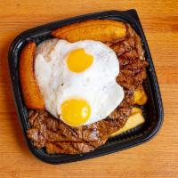 BISTEC A LA POBRE · 8oz Grilled steak served with white rice, sweet plantain, french fries and fried egg.