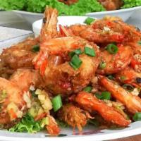 Salt & Pepper Shrimp   (소금후추 통새우 튀김) · whole shrimps deep fried in light batter then stir fried with jalapenos.  Seasoned with salt...