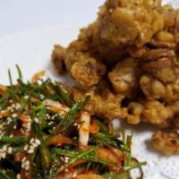 Fried Chicken Gizzard   (똥집튀김 & 부추무침) · Deep Fried chicken gizzard served with spicy marinated chives.
