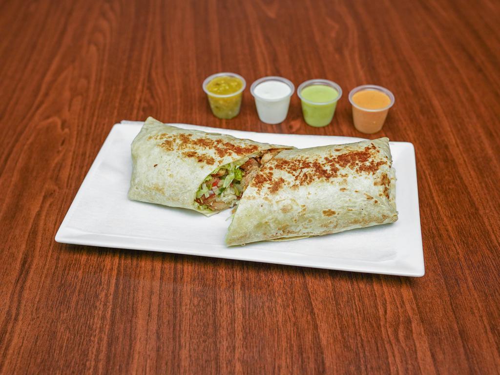Mexican Wrap · Flour tortilla filled with chicken, pork, or steak, lettuce, pico de gallo, and mozzarella cheese.