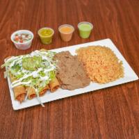 Flautas · 3 pieces. Rolled and fried corn tortillas filled with chicken. Served with lettuce, tomatoes...