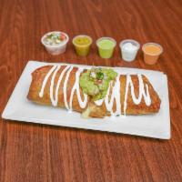 Al Pastor Chimichanga · Seasoned pork without pineapple. Flour tortilla filled with rice, refried beans, your choice...