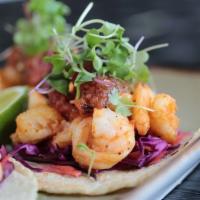Tacos - Camarones · Two tacos with sautéed shrimp topped with salsa molcajete, served over escabeche