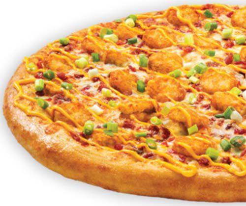 Loaded Tot-zza Pizza · Ranch sauce topped with 100% real Wisconsin mozzarella cheese, tater tots, applewood smoked bacon, green onions and drizzled with nacho cheese.