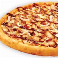 Smoky BBQ Chicken Pizza · Chicken, onions, applewood smoked bacon, smoky BBQ sauce topped with pepper jack, mozzarella...
