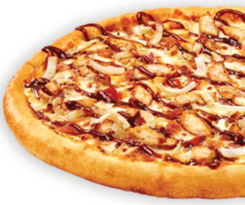 Smoky BBQ Chicken Pizza · Chicken, onions, applewood smoked bacon, smoky BBQ sauce topped with pepper jack, mozzarella, and drizzled with more BBQ sauce.