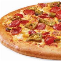 Pepperoni Jalapeno Popper Pizza · Cream cheese sauce topped with 100% real Wisconsin mozzarella cheese, cheddar cheese, old sc...