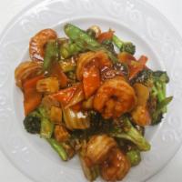 98. Shrimp with Mixed Vegetables · Served with white rice.