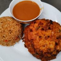 L10. Chicken Egg Foo Young · Served with your choice of white or fried rice and an egg roll.