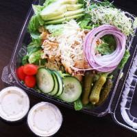 Grilled Chicken Salad · Chopped romaine lettuce, sprouts, fresh sliced avocado, sliced English cucumbers, shredded J...
