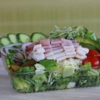 Chef Salad (Ham and Turkey) · Ham and turkey. Chopped romaine lettuce, sprouts, fresh sliced avocado, sliced English cucum...