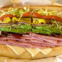 23. Ham, Bacon, Sprouts, Avocado and Swiss Sandwich · Ham, bacon, sprouts, avocado, and Swiss cheese on your choice of bread and topped with mayon...
