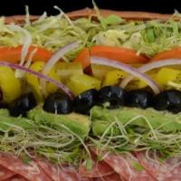 25. Salami, Avocado, Sprouts and Cream Cheese Sandwich · Salami, avocado, sprouts, and cream cheese on your choice of bread, topped with mayonnaise, ...