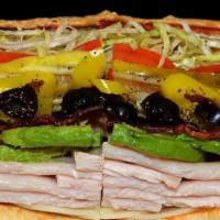 26. Turkey, Bacon, Avocado and Provolone Sandwich · Turkey, bacon, avocado, and provolone cheese served on your choice of bread and topped with ...