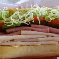 8. Ham, Turkey, and Swiss · Ham, turkey, and Swiss cheese served on your choice of bread and topped with mayonnaise, mus...