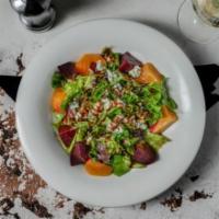Beets Salad · comes with fresh gold & red beets, baked walnuts, Gorgonzola cheese, house greens & balsamic...