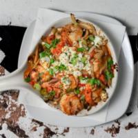 Shrimp Castella · Sautéed with Our Spinach Rice, Onions, Scallions, Mushrooms in Tomato and Garlic. Topped wit...