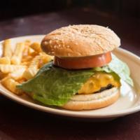 Classic Cheese Burger · Seasoned ground beef served with lettuce, tomatoes, onions and fries. Served with fries.