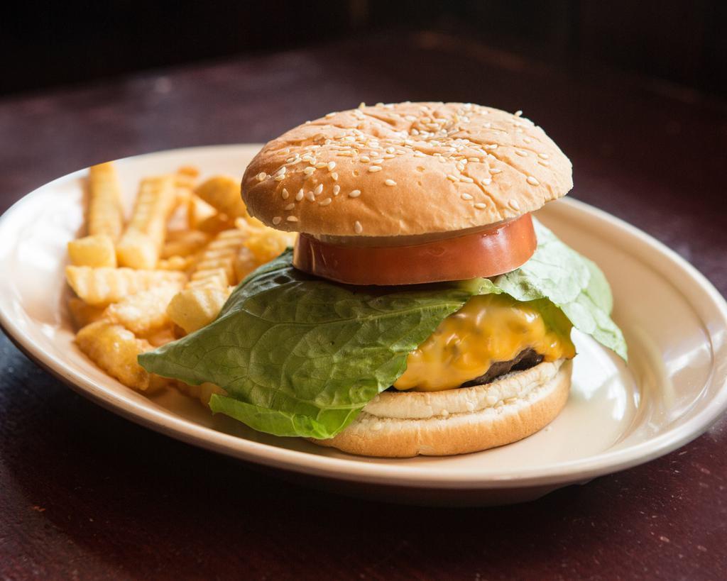 Classic Cheese Burger · Seasoned ground beef served with lettuce, tomatoes, onions and fries. Served with fries.