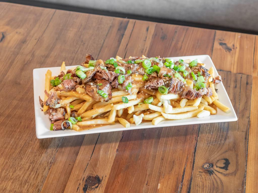 Short Rib Poutine  · Shoestring fries topped with slow braised short rib, cheese curds, and herbed brown gravy.
