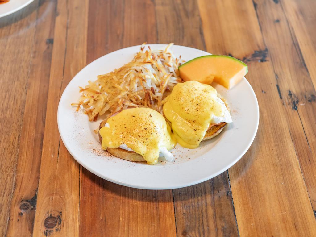 Classic Eggs Benedicts · Poached eggs, Canadian bacon, toasted muffins & house-made hollandaise.