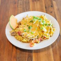 The Angry Pig Skillet · Bacon, sausage, ham, hashbrowns, mushrooms, onions, peppers, and eggs topped with cheese.