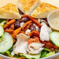 Mediterranean Chicken Salad · Mixed greens, grilled chicken breast, feta cheese, Roma tomatoes, cucumbers, Kalamata olives...