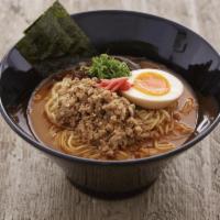 R6. Miso Ramen · Miso broth topped with ground beef, soft-boiled egg, fish cake, aged bamboo shoot, corn and ...