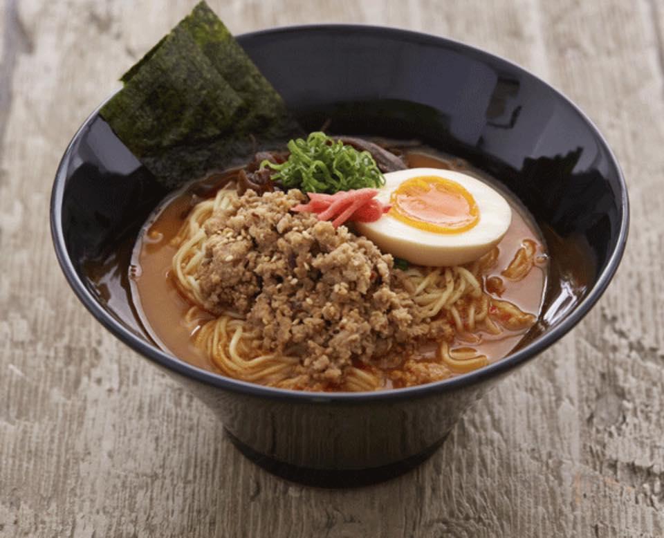 R6. Miso Ramen · Miso broth topped with ground beef, soft-boiled egg, fish cake, aged bamboo shoot, corn and green onion.