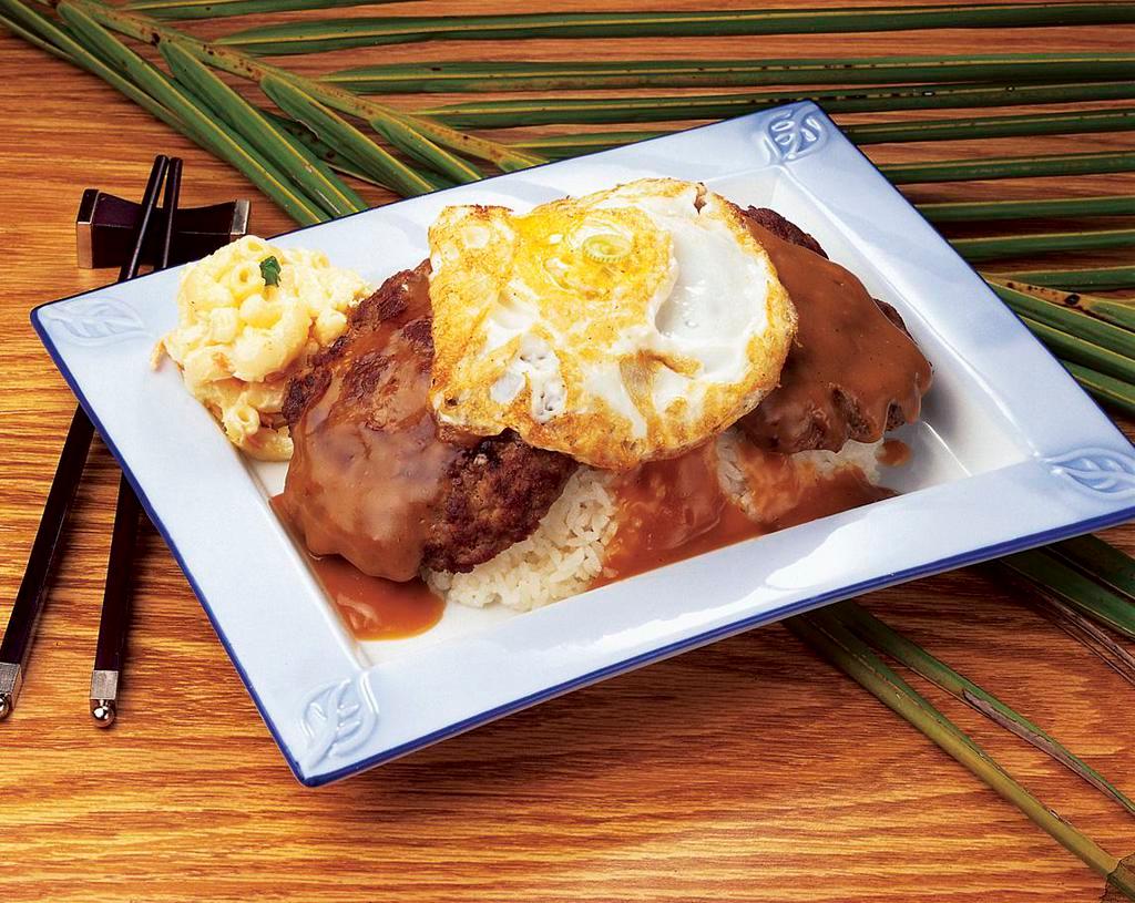 Beef Loco Moco · 2 marinated beef patties, topped with our special brown gravy and fried egg.