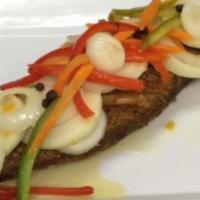 Escoveitch Red Snapper (whole) · Lightly fried topped with a pickle of scotch bonnet, bell peppers and onions