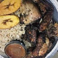 Dinner Pimento Jerk Chicken · Chicken marinated in exotic jerk sauce and chopped into pieces. Served with choice of white ...