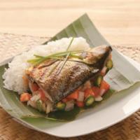 Grilled Half Bangus · Half bangus or milkfish stuffed with our signature tomato and onion salsa. Served with steam...