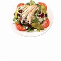 Greek Salad · Topped with feta cheese, Greek olives, pepperoncini, beets, tomatoes, and onions. Served wit...