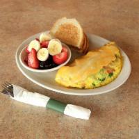 Fresh Veggie Omelette · Stuffed with broccoli, zucchini, onions, peppers, mushrooms, and carrots. Topped with Jack a...