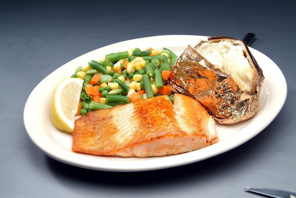 Grilled Atlantic Salmon · Served with potato or rice, vegetable and dill sauce.