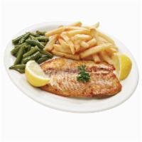 Grilled Tilapia · A light white fish from our ponds and streams. Grilled and served with potato or rice, veget...