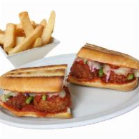 Meatball Sandwich · Comes with marinara sauce, red onions, green peppers, and mozzarella cheese. Served with ste...