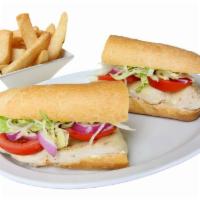 Grilled Chicken Breast Sandwich · Comes with red onions, provolone cheese, tomatoes, romaine lettuce, mayo, and mustard. Serve...