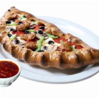 Deluxe Calzone · Homemade tomato sauce, mozzarella cheese, ricotta cheese, pepperoni, mushrooms, red onions, ...