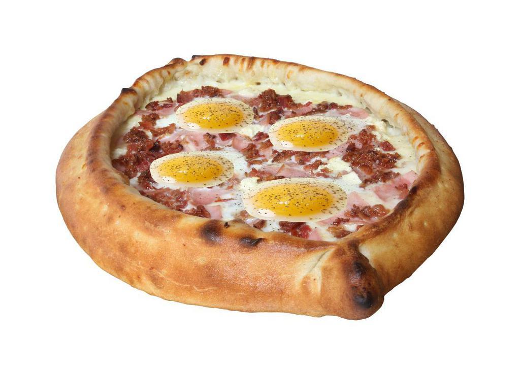 Ham and Bacon Gondola · Come with mozzarella cheese, feta cheese, eggs, ham, bacon, slice of butter and a sprinkle of black pepper.