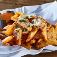 Parmesan French Fries · Thick-cut fries with Parmesan Cheese and Parsley on top / Spicy Mayo On the Side