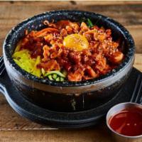 Spicy Chicken Bibimbap · Pan Fried Spicy Chicken on top / Steamed Rice served with Cooked vegetables (Carrot, Spinach...