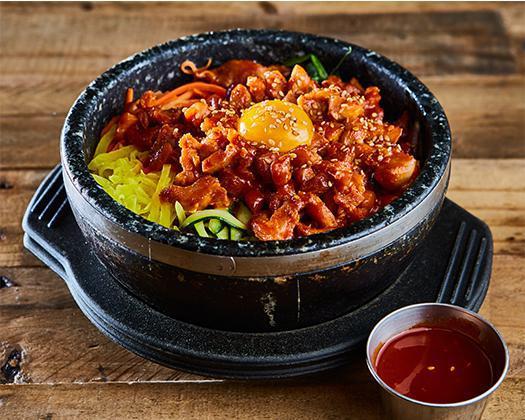 Spicy Chicken Bibimbap · Pan Fried Spicy Chicken on top / Steamed Rice served with Cooked vegetables (Carrot, Spinach, Zucchini, Mushroom, Pickled Radish
Egg Yolk, Sesame Seed on top  //  Red Pepper Paste On the Side
*** Delivery - Fried Egg ***