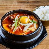 Bulgogi Soon Tofu Soup · Spicy Tofu Soup with Bulgogi and Vegetables (Mushroom, Scallion, Onion, Zucchini)
Steamed Ri...