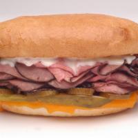 Really Hot Roast Beef Sandwich · Roast beef, Cheddar cheese, jalapenos, and horseradish sauce on French bread.