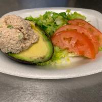 Tuna Salad Avocado Scoop · Half an avocado with romaine lettuce, tomatoes and one scoop of tuna salad with your choice ...