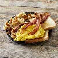 1. Three Extra Large Eggs · Served with ham off the bone, bacon or sausage patties. Includes hash browns and toast.